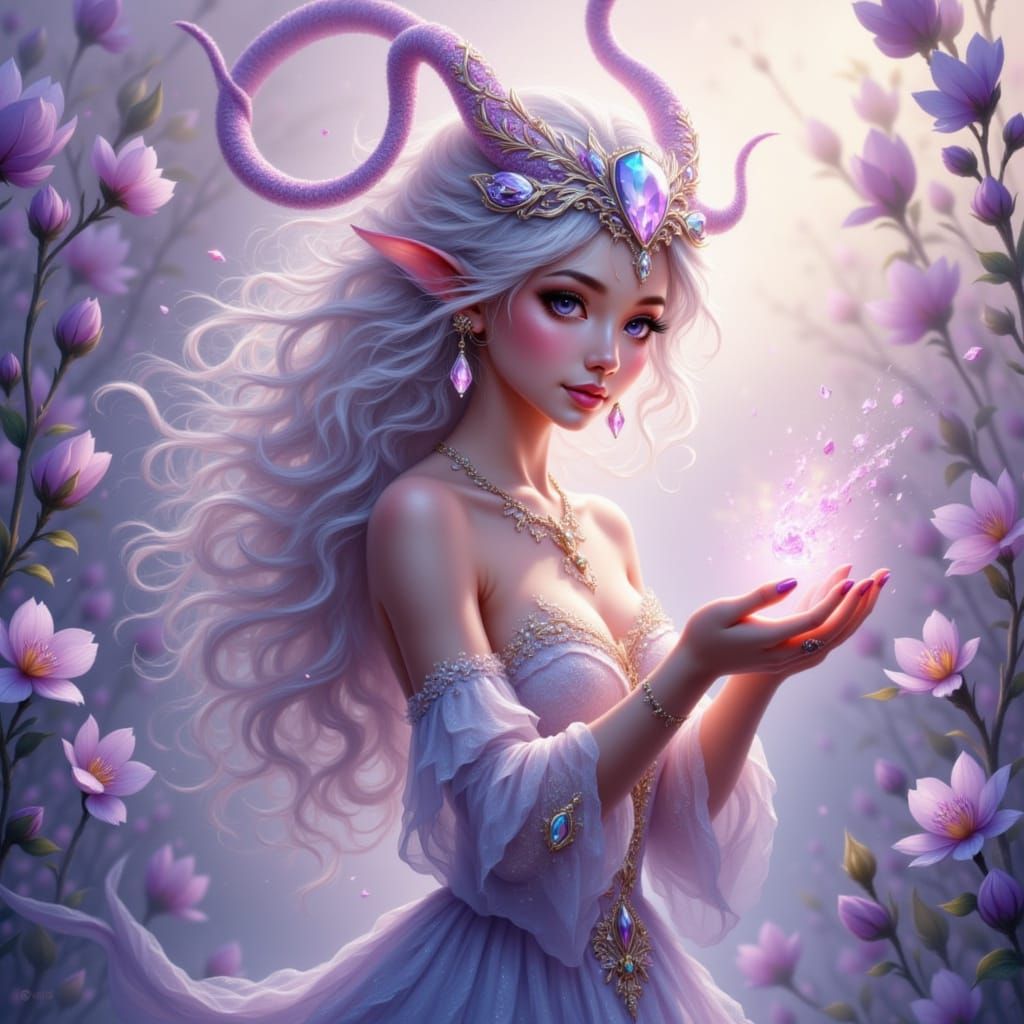 Elegant Dragon Sorceress with Sunstone Headdress in Mystical...