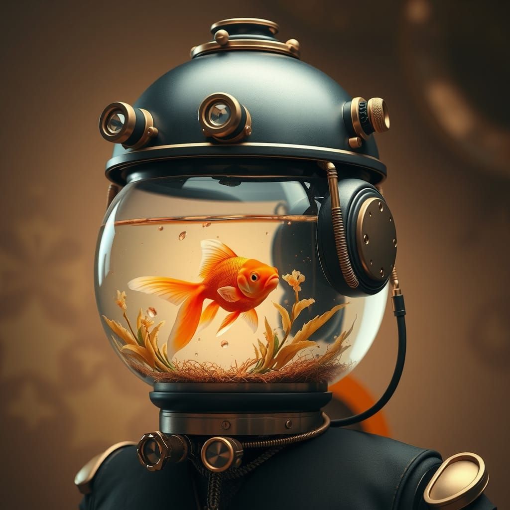 Steampunk Aquanaut Robot with Intricate Fish Bowl Head