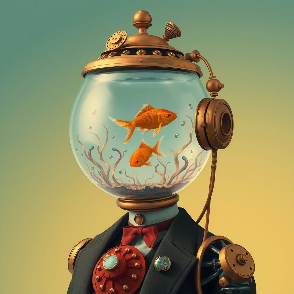 Cyberpunk Gentleman Robot Amidst Whimsical Aquatic Scene