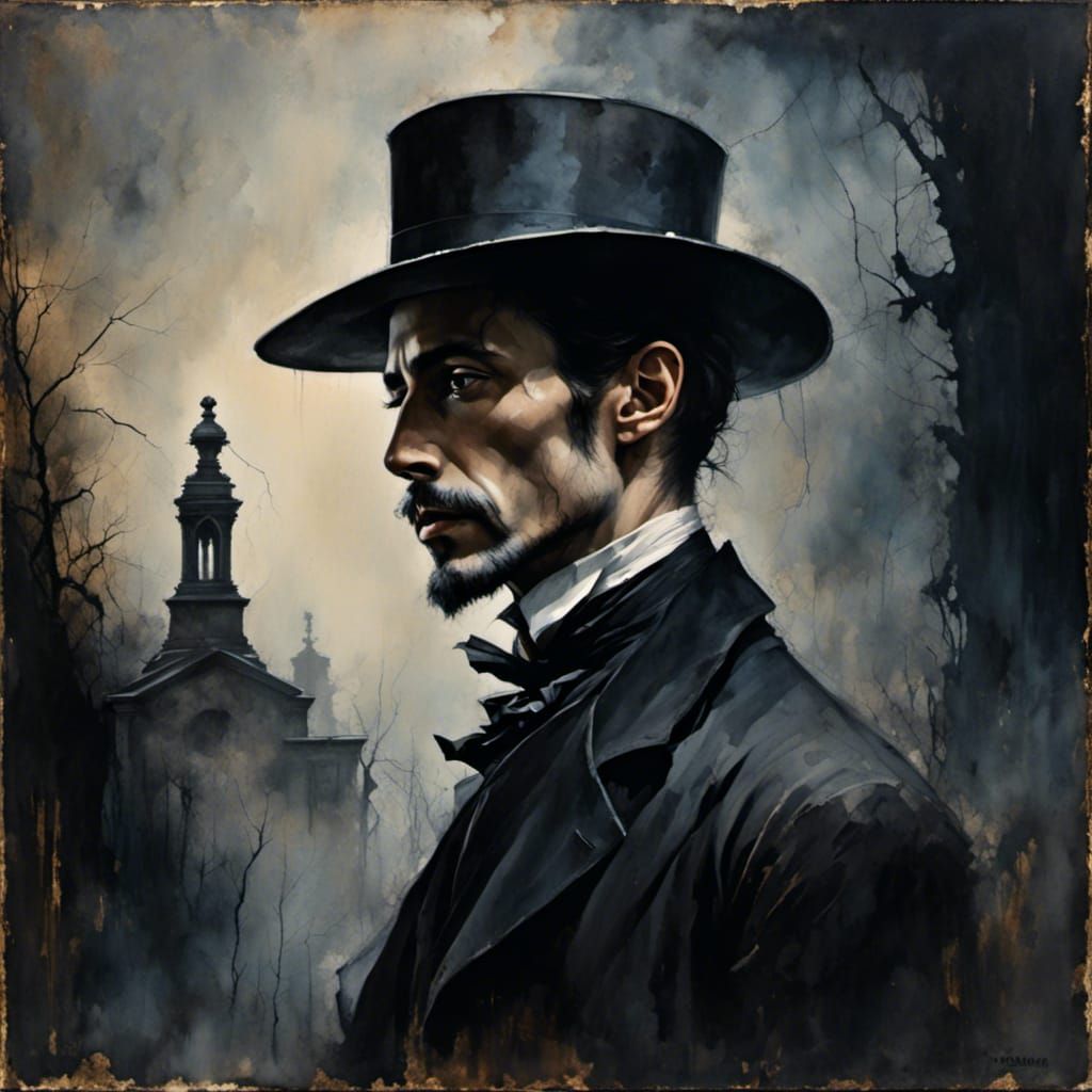 Dark and Foggy Cemetery Scene with Man in Black