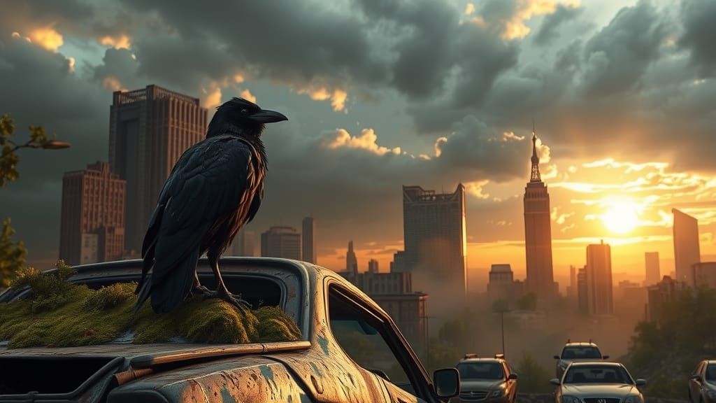 Raven in Ruins: Post-Apocalyptic Cityscape