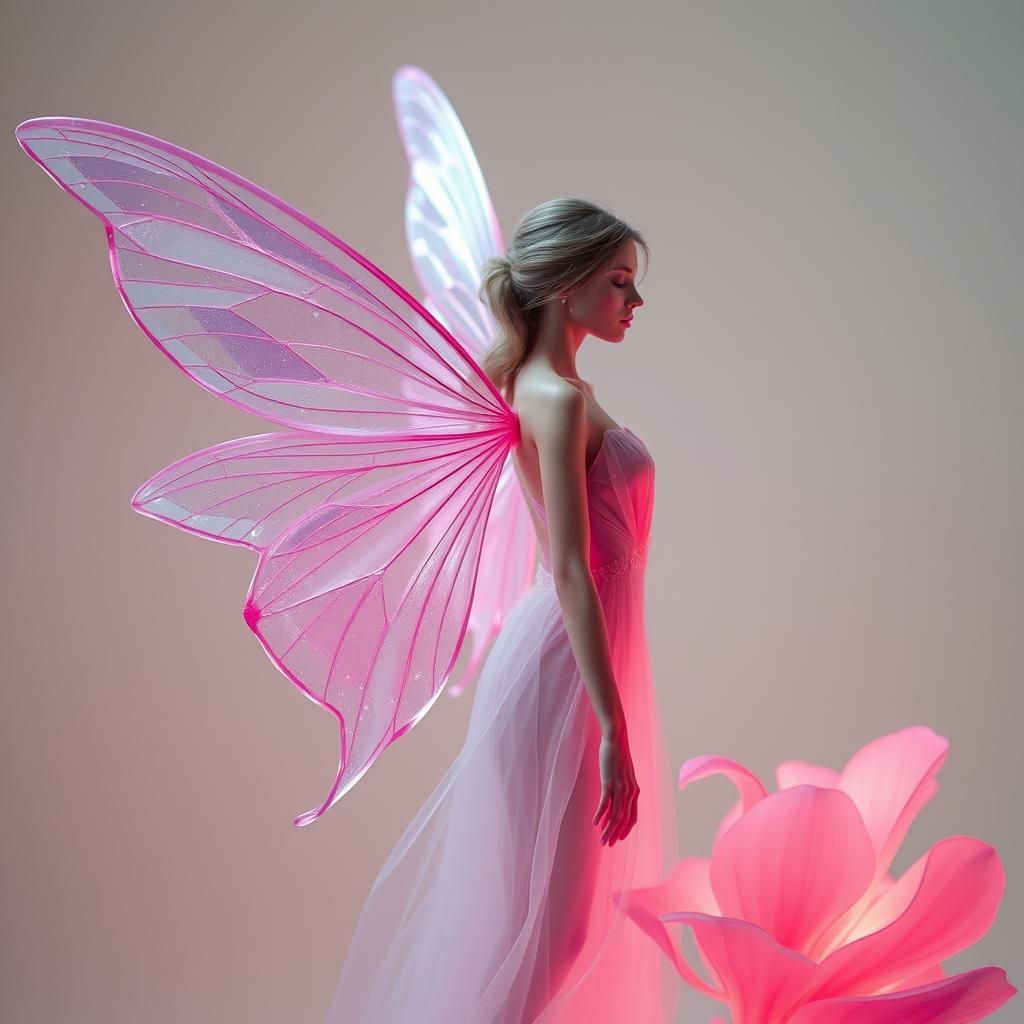Pink Glass-Winged Fairy in Neon-Lit Futurism