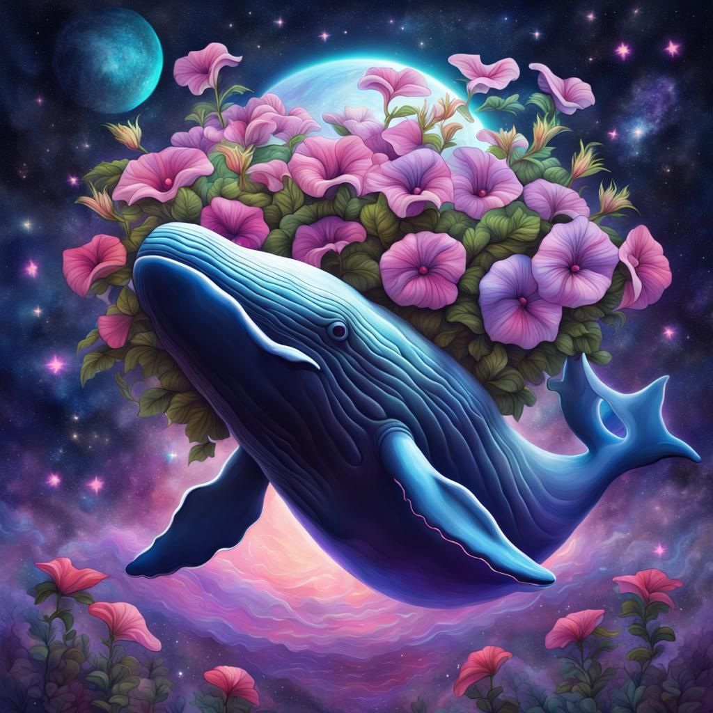 Whale Floating in Twilight Space with Petunias