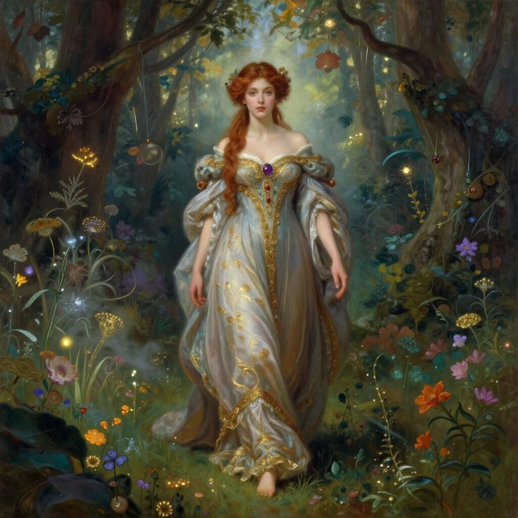 Noble Woman in Mystical Forest, Pre-Raphaelite Style