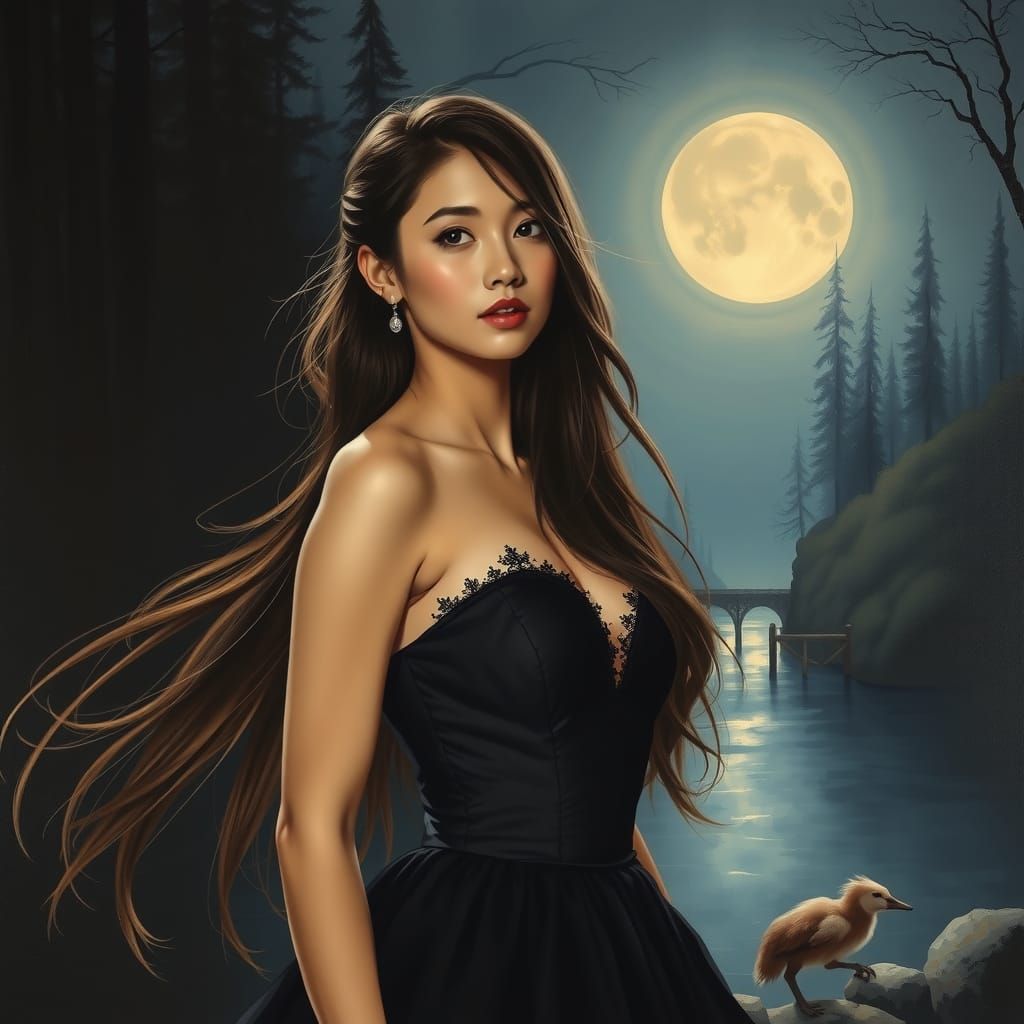 Gothic Portrait of a Slender Asian Woman Under Moonlight