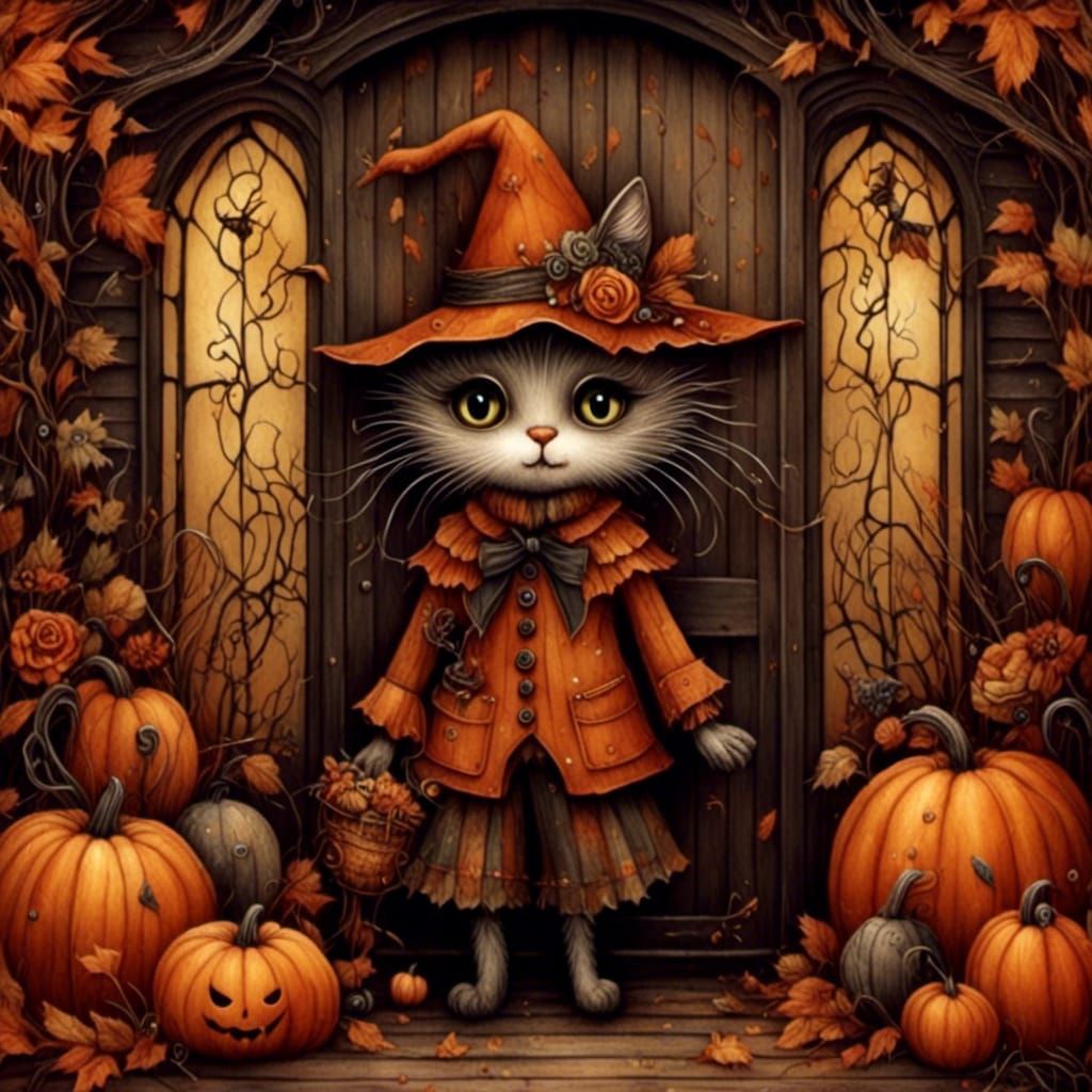 Whimsical Scarecrow Cat in Fall Colors