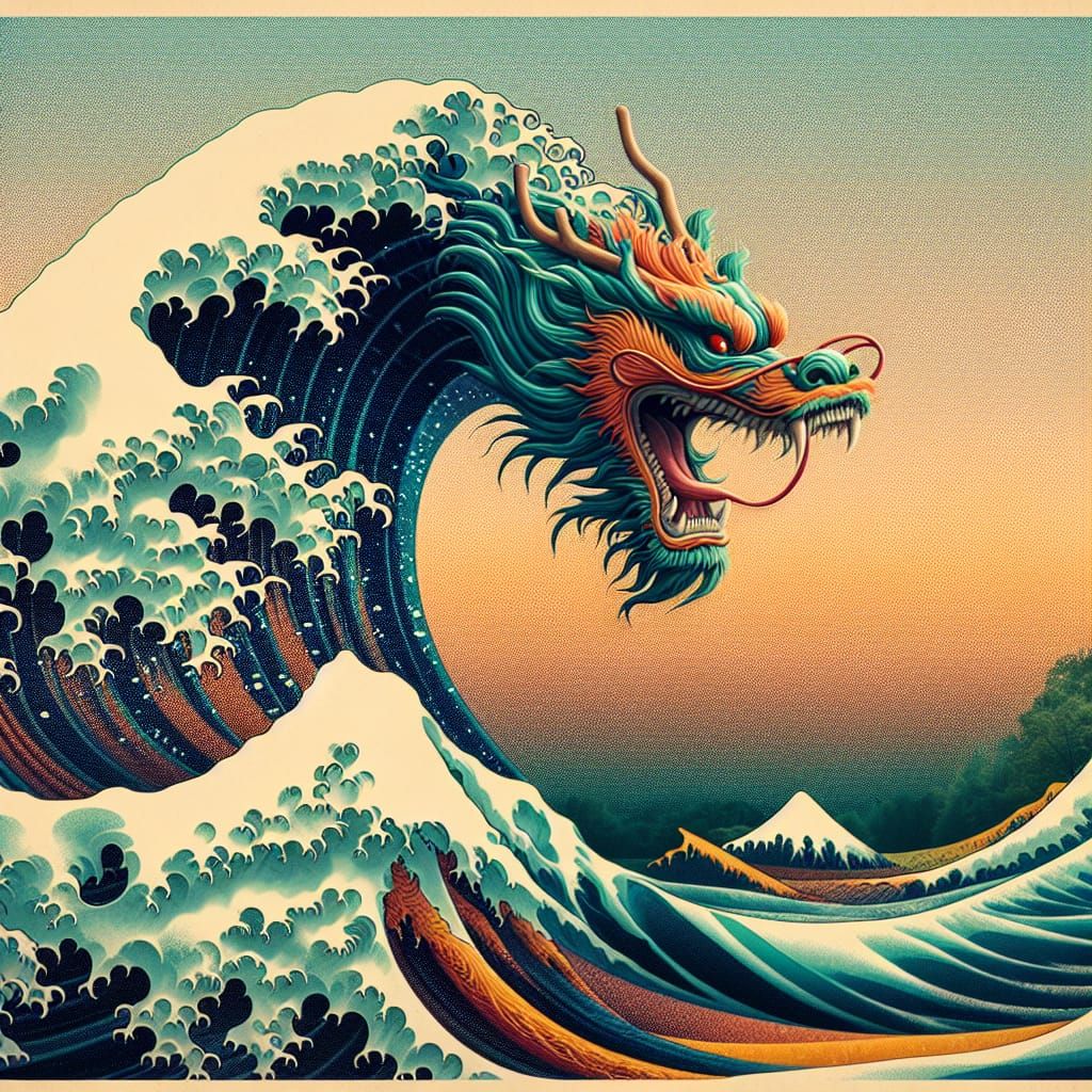 Chinese Dragon Emerges from Wave, Anime Style