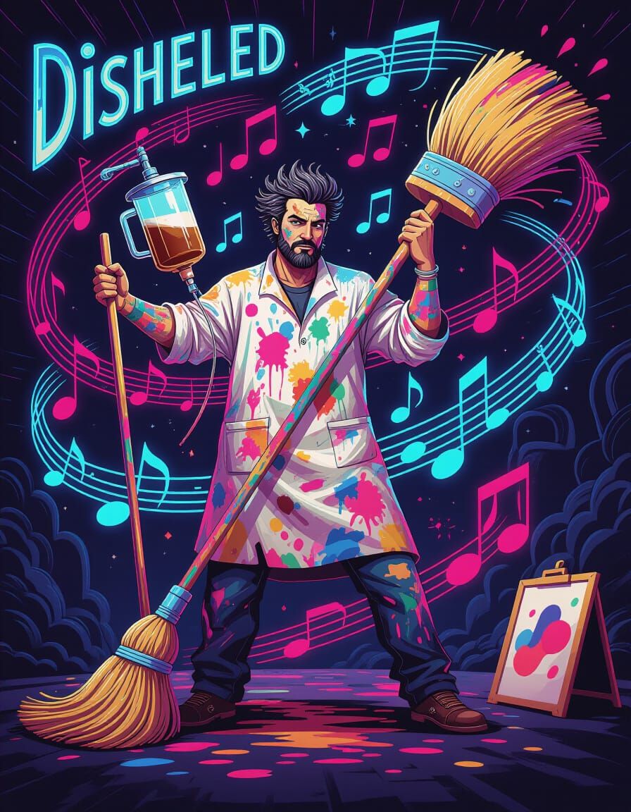 Disheveled Art God Wielding Brush in Futuristic Style