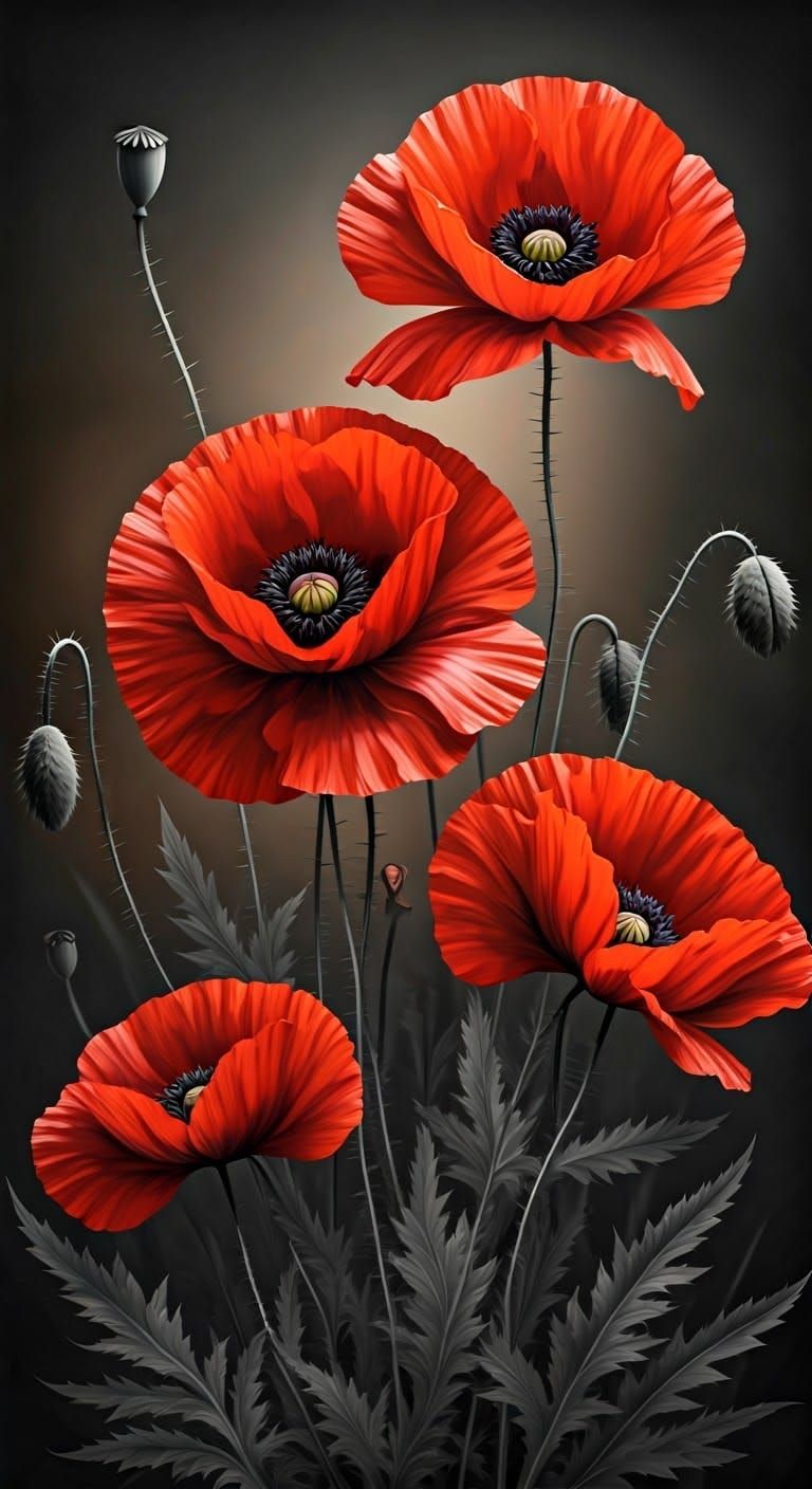 Abstract Red Poppies in Dreamlike Monochrome Universe