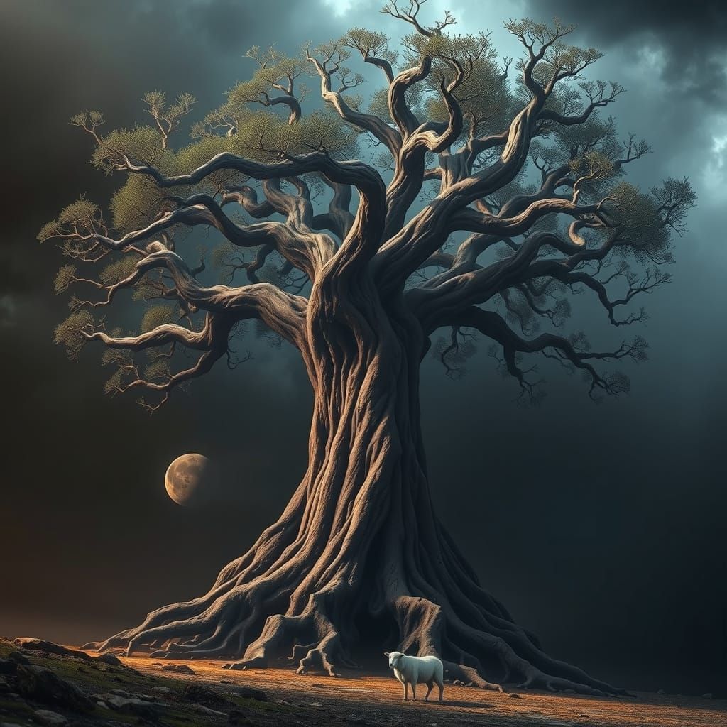 Colossal Tree Grows From Giant Pencil in Dark Fantasy Landsc...