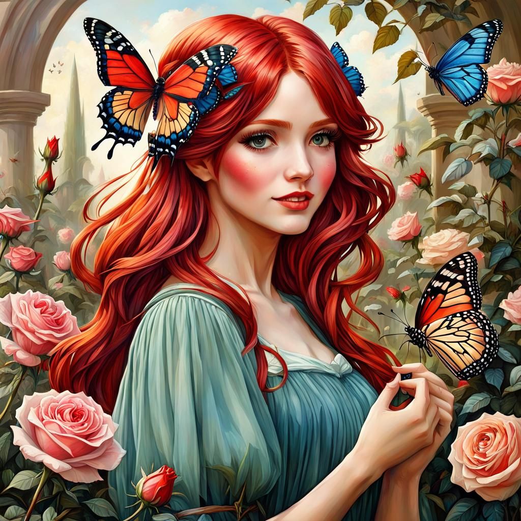 Red-Haired Girl with Butterfly in Rose Garden