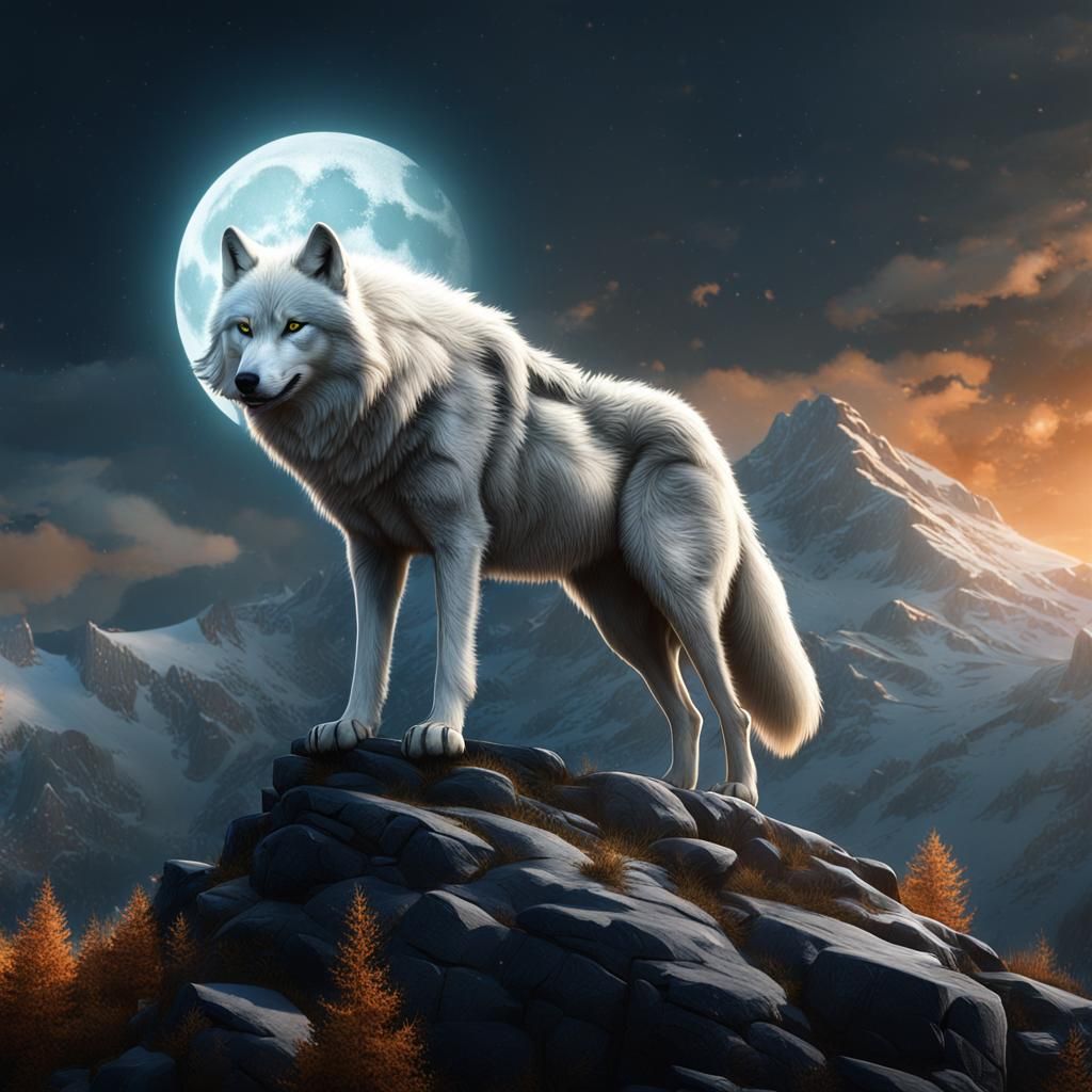 White Wolf Howling at Moon, Detailed Matte Painting