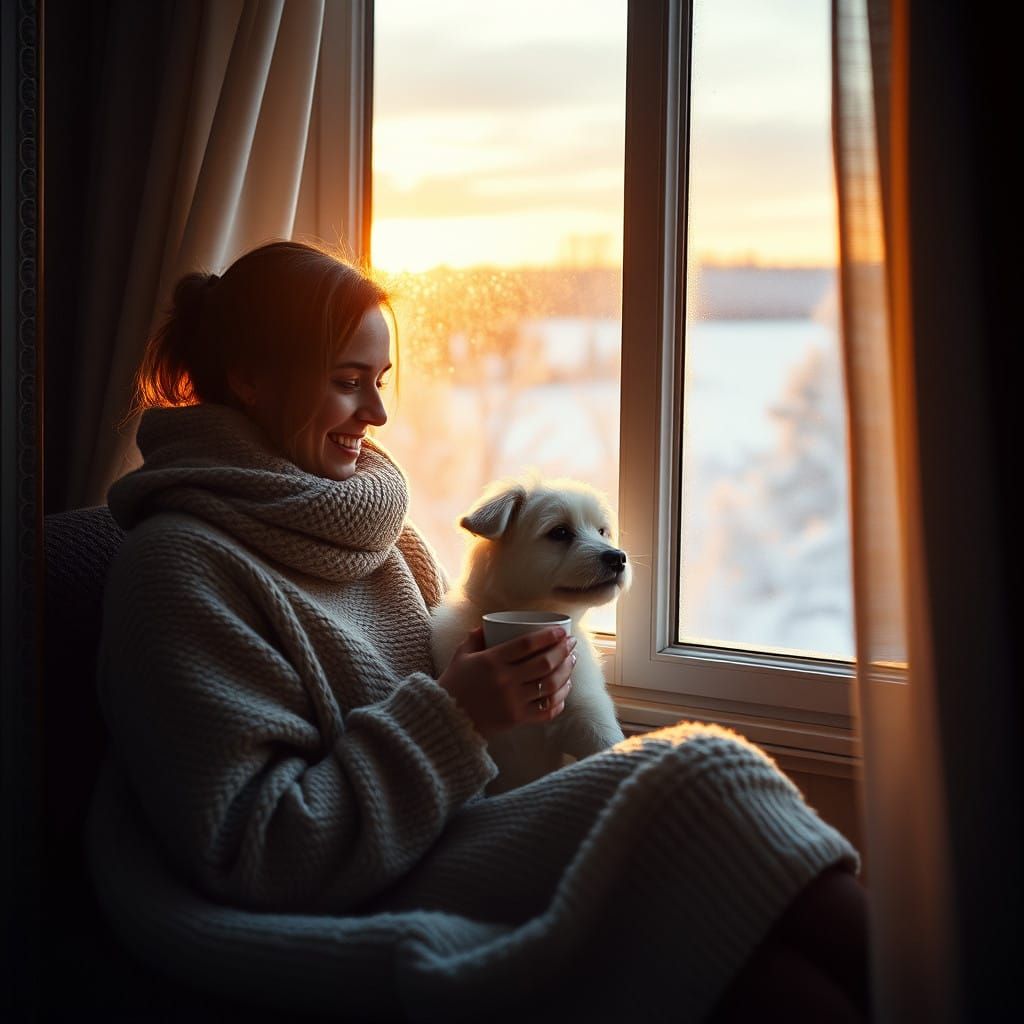 Woman Sits with Small Dog and Tea, Winter Sunset Behind