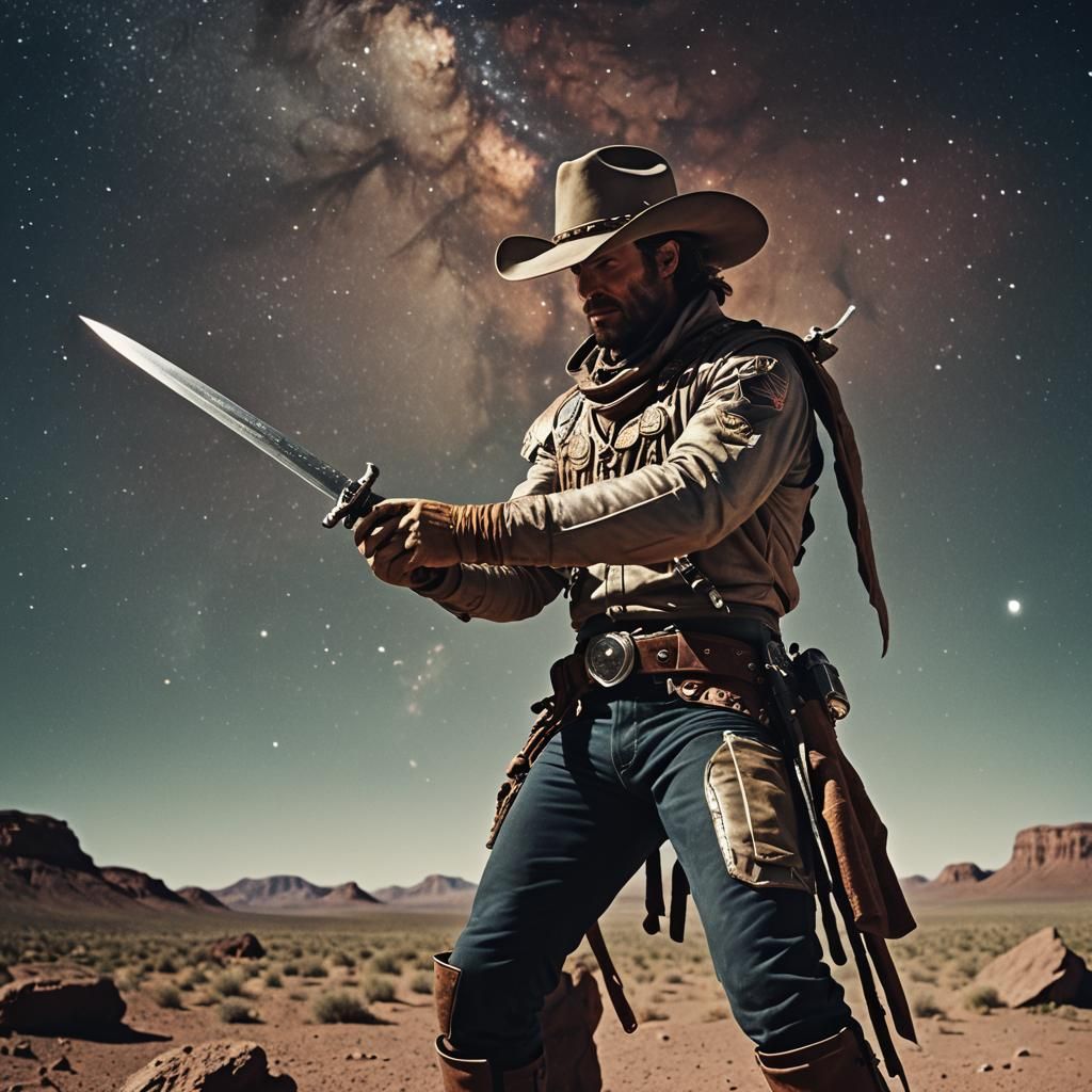 Space Cowboy Polishing Sword: Cinematic Film Still