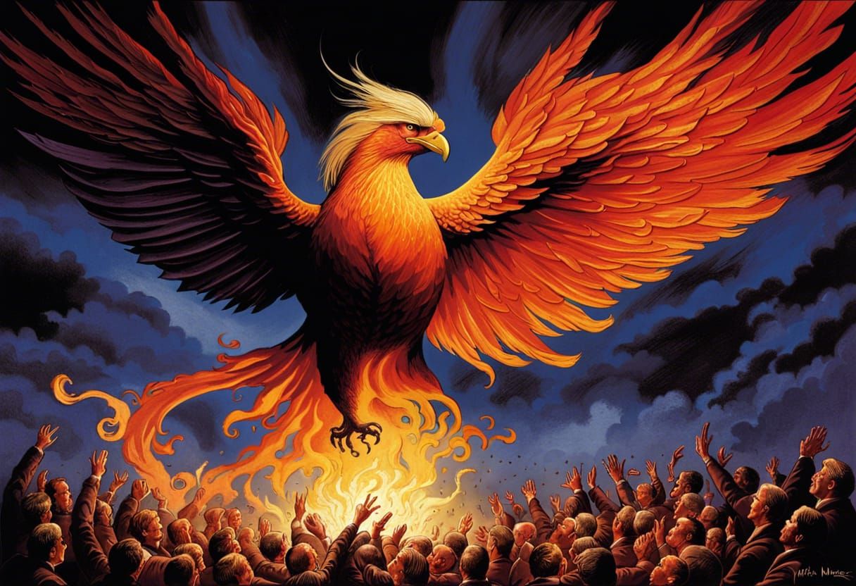 Trump as Phoenix: A Symbolic Political Cartoon