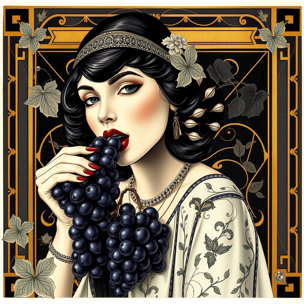 Italian Woman Enjoys Grapes in Art Deco Style