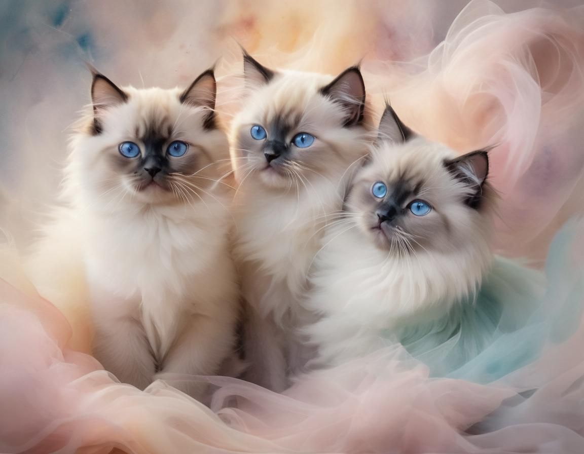Pastel Watercolor: Birman and Himalayan Kittens Playing