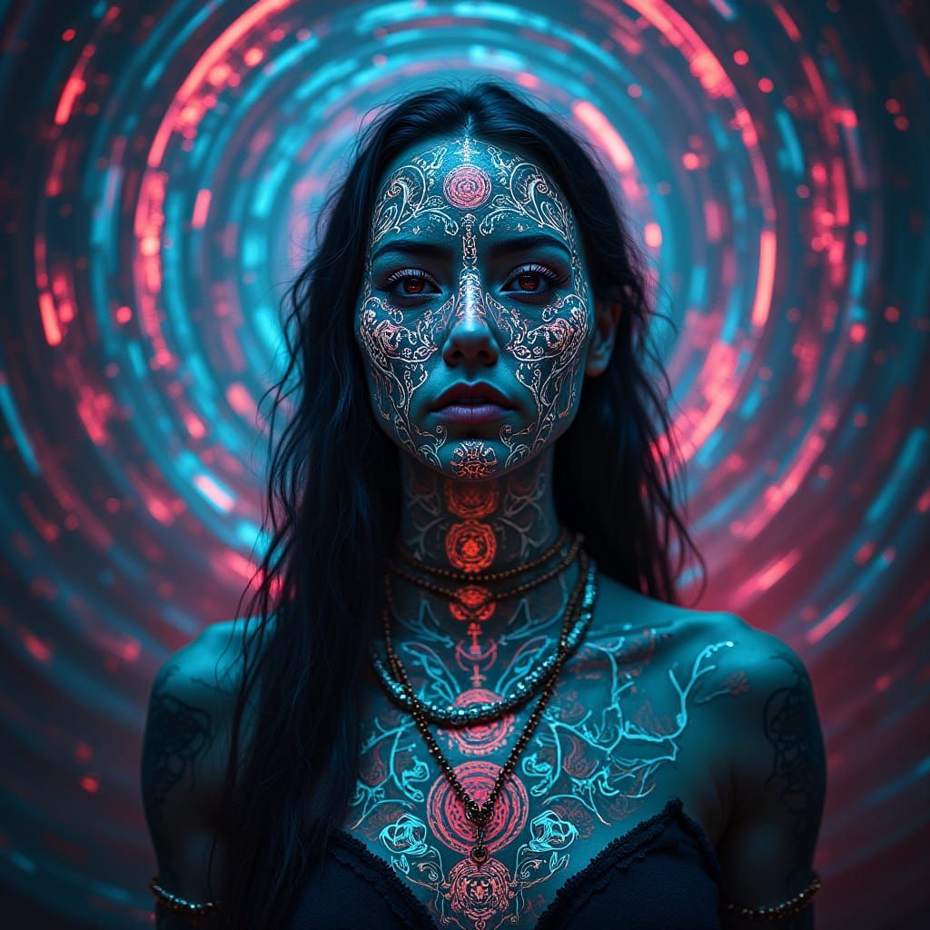 Cyberpunk Shaman Portrait with Neon Tattoos