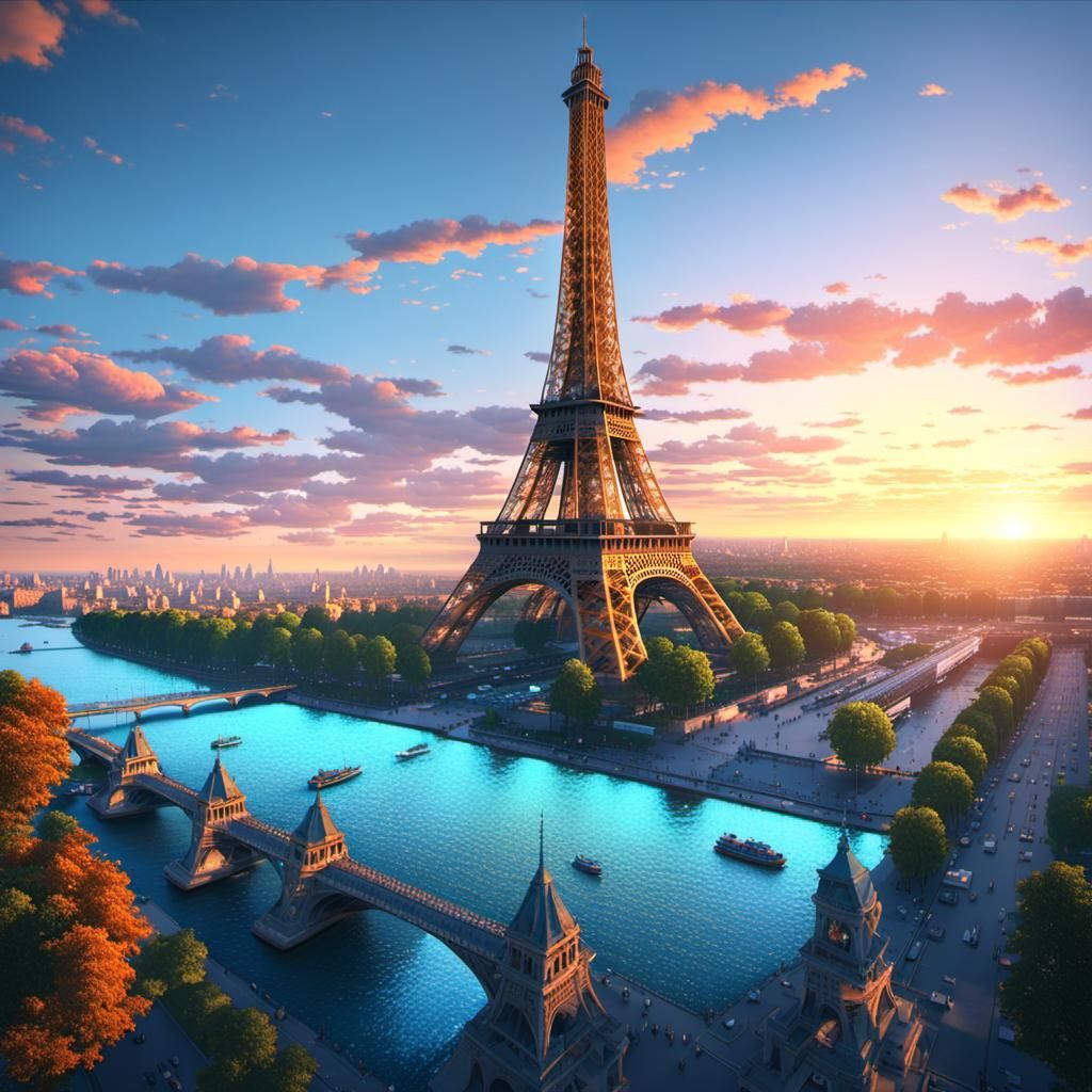 Eiffel Tower Sunset: Hyperdetailed Concept Art