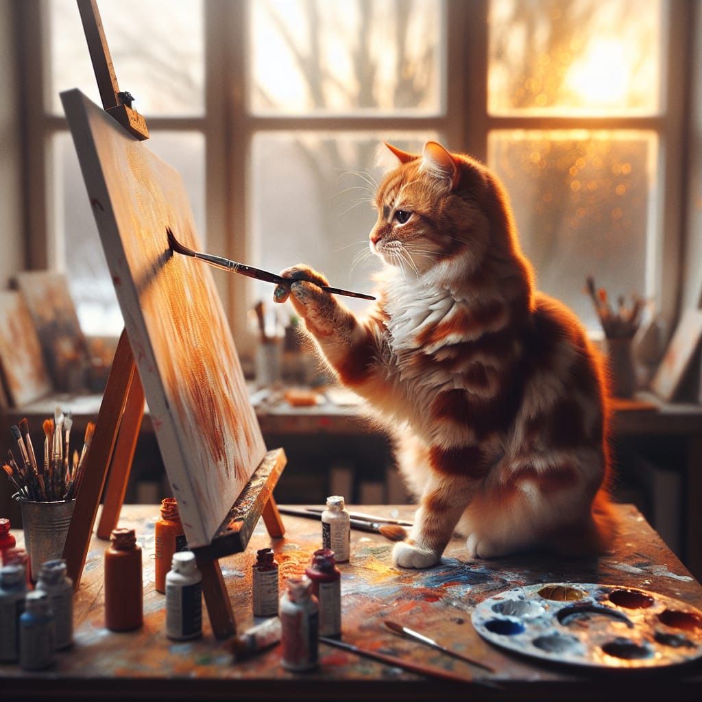 Ginger Cat Painting in Cozy Art Studio