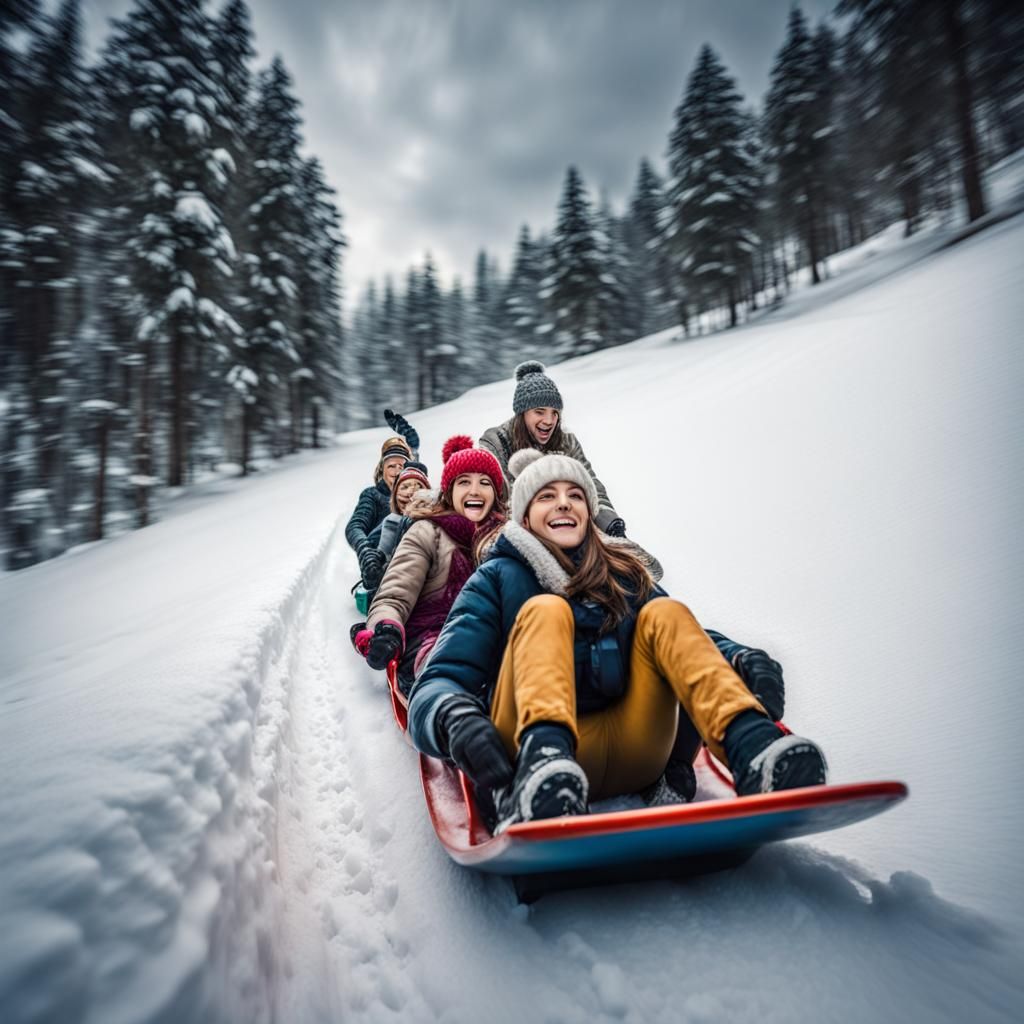 Hyperrealistic Sledding Scene on Snowy Hill