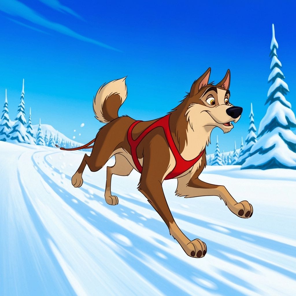 Balto Runs Through Snow in Cartoon Style