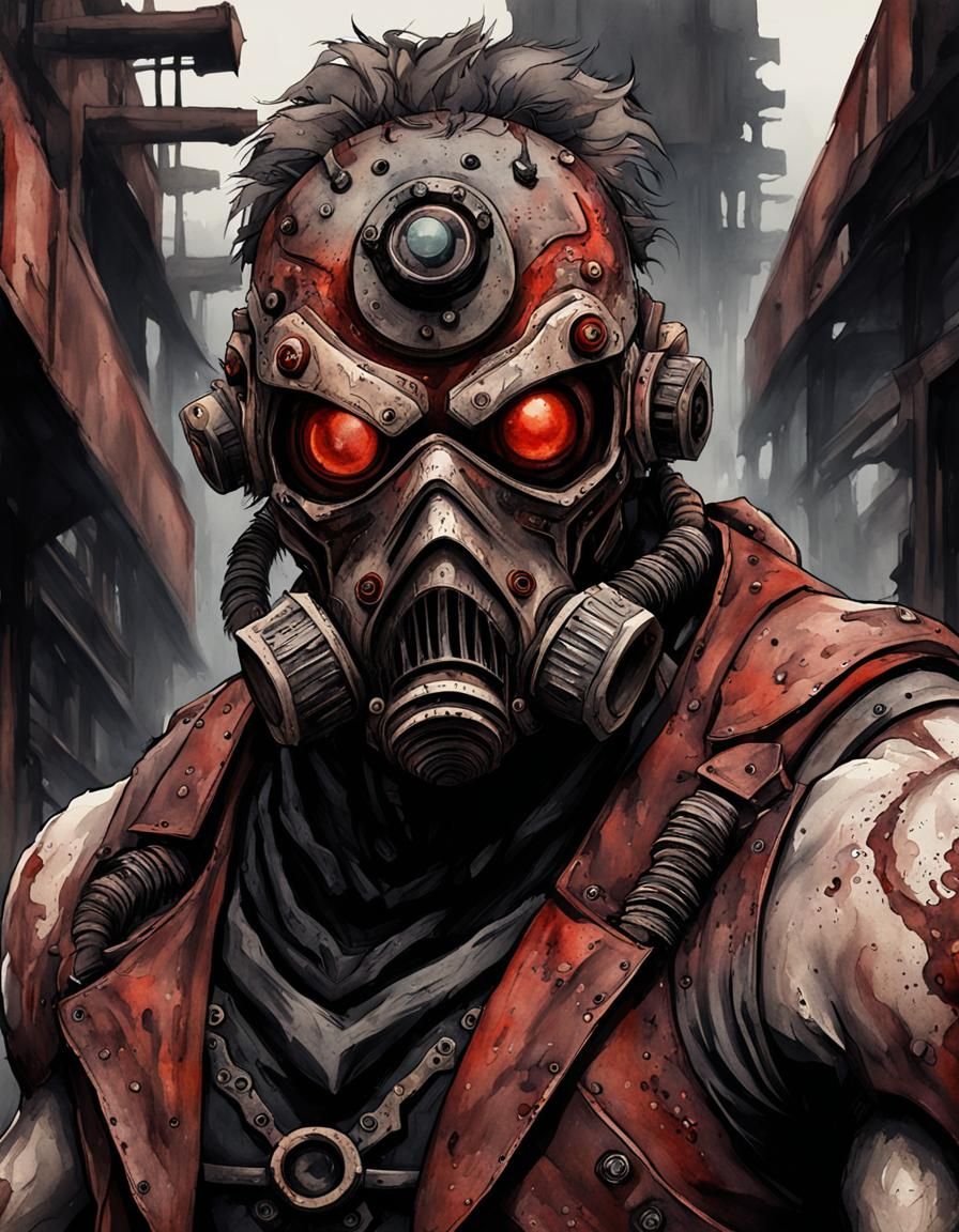 Grimdark Muscular Figure in Dystopian Watercolor