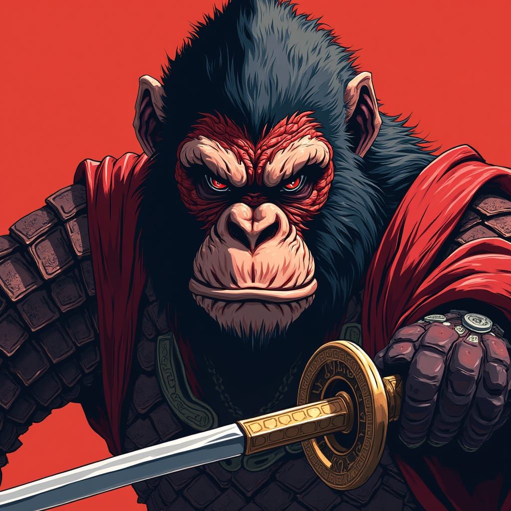 Samurai Ape Warrior in Crimson Mask