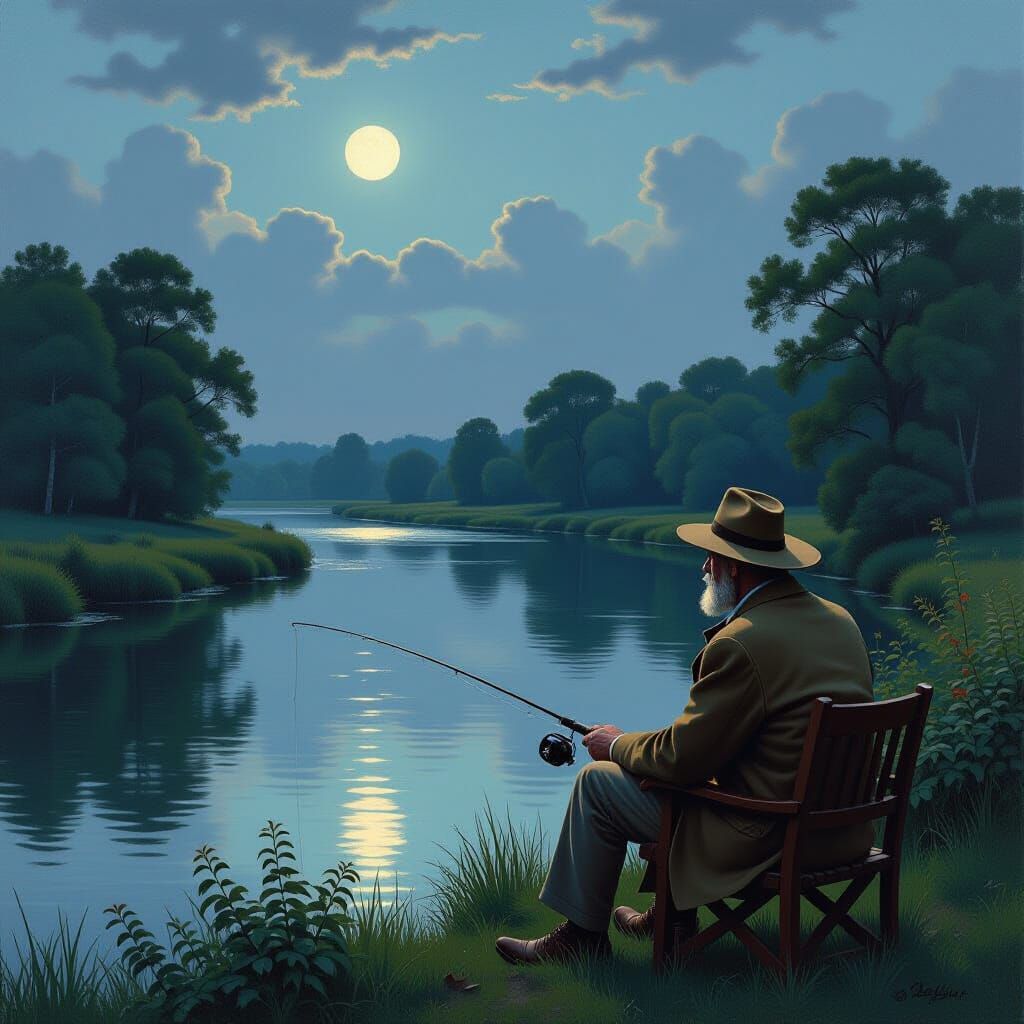 Contemplative Angler by Moonlit River
