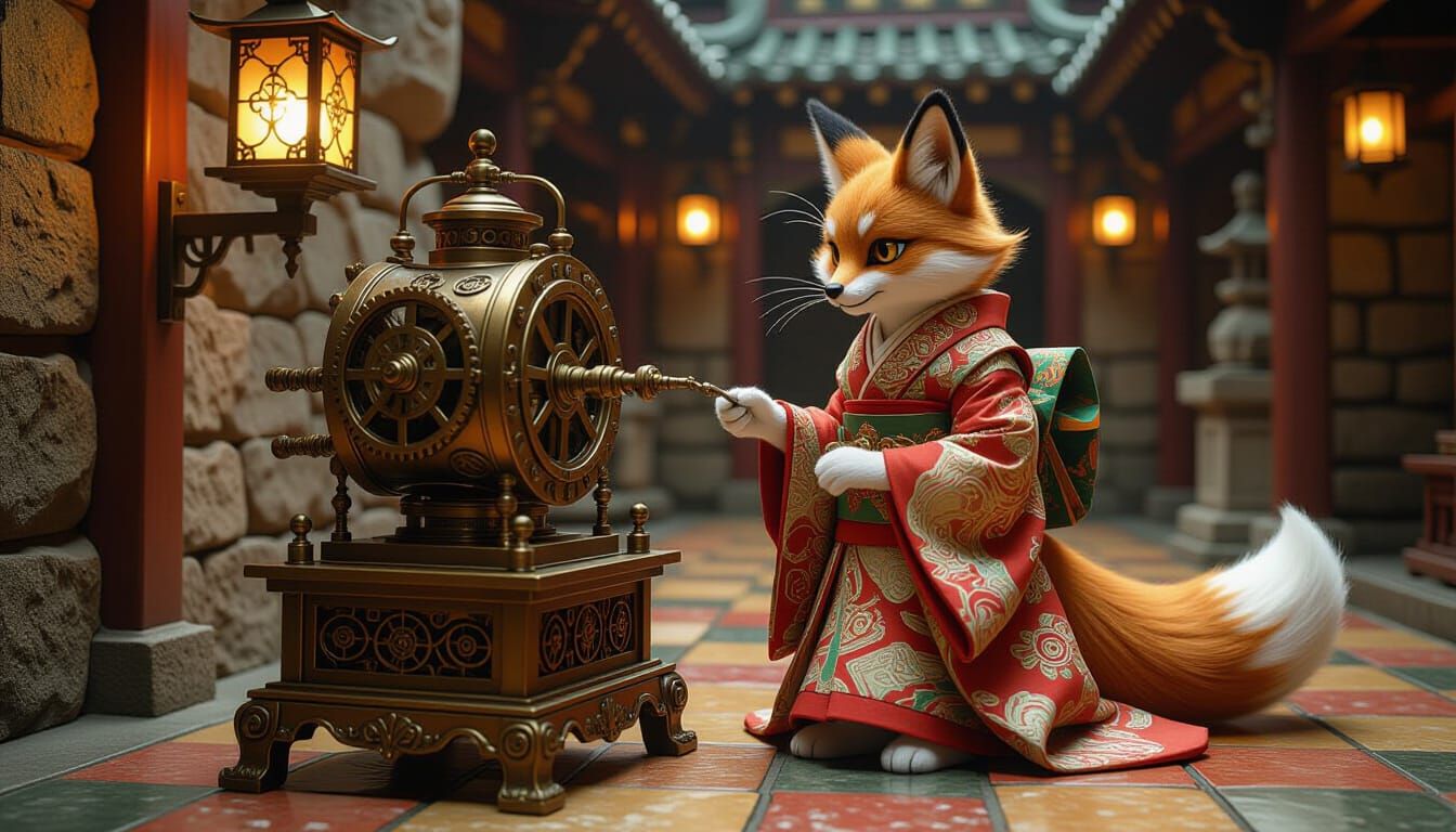 Kitsune and Clockwork Automaton in Steampunk Style