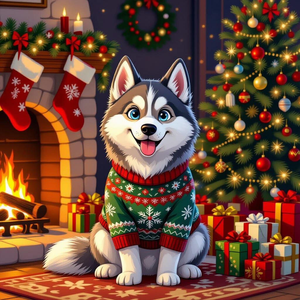 Cute Husky with Blue and Yellow Eyes at Christmas