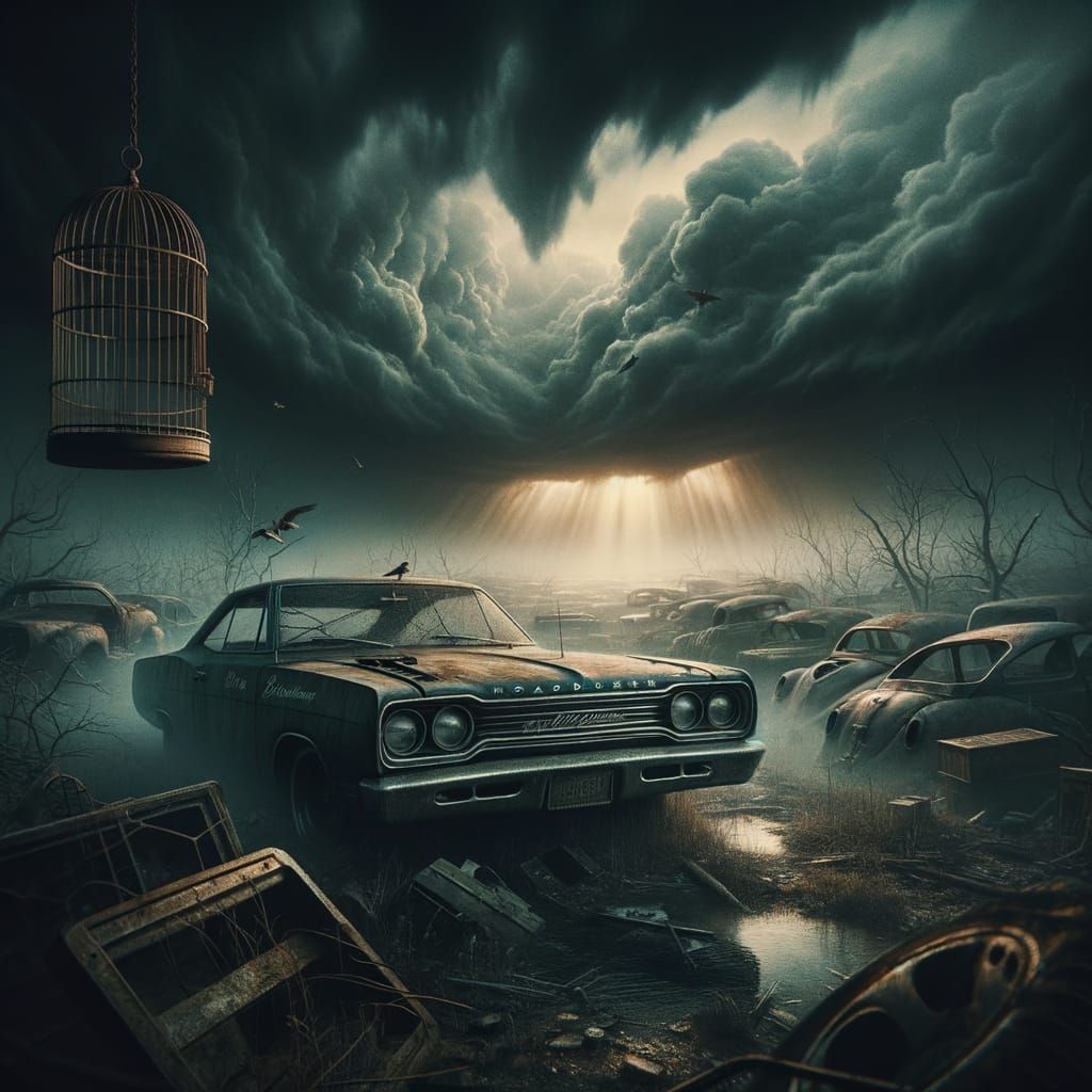 Abandoned 1965 Plymouth Roadrunner in Stormy Junkyard