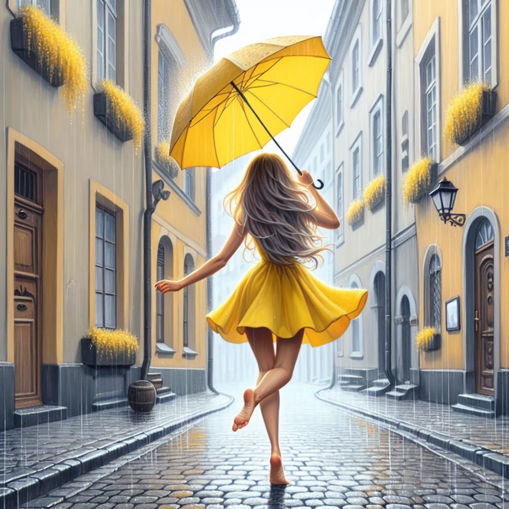 Woman Dancing in the Rain with Yellow Umbrella