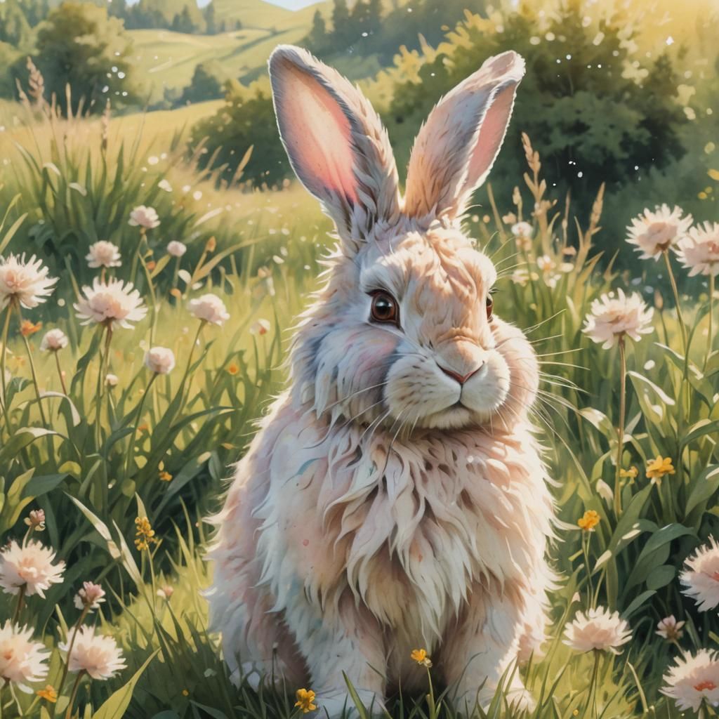 Giant Fluffy Bunny in Sunny Meadow, Watercolor Style