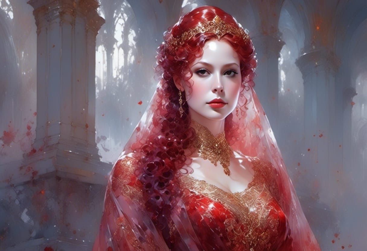 Red-Haired Princess with Lace Veil: Watercolor Portrait