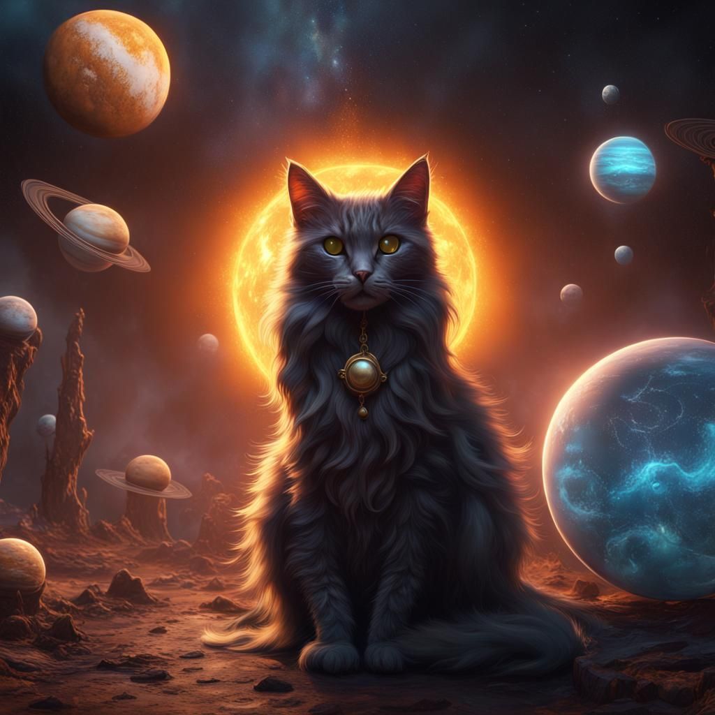 Fantastical Solar System Witch Cats in Digital Art