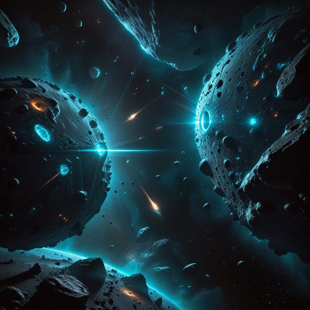 Liminal Space Between Asteroids with Cyan-Eyed Figure