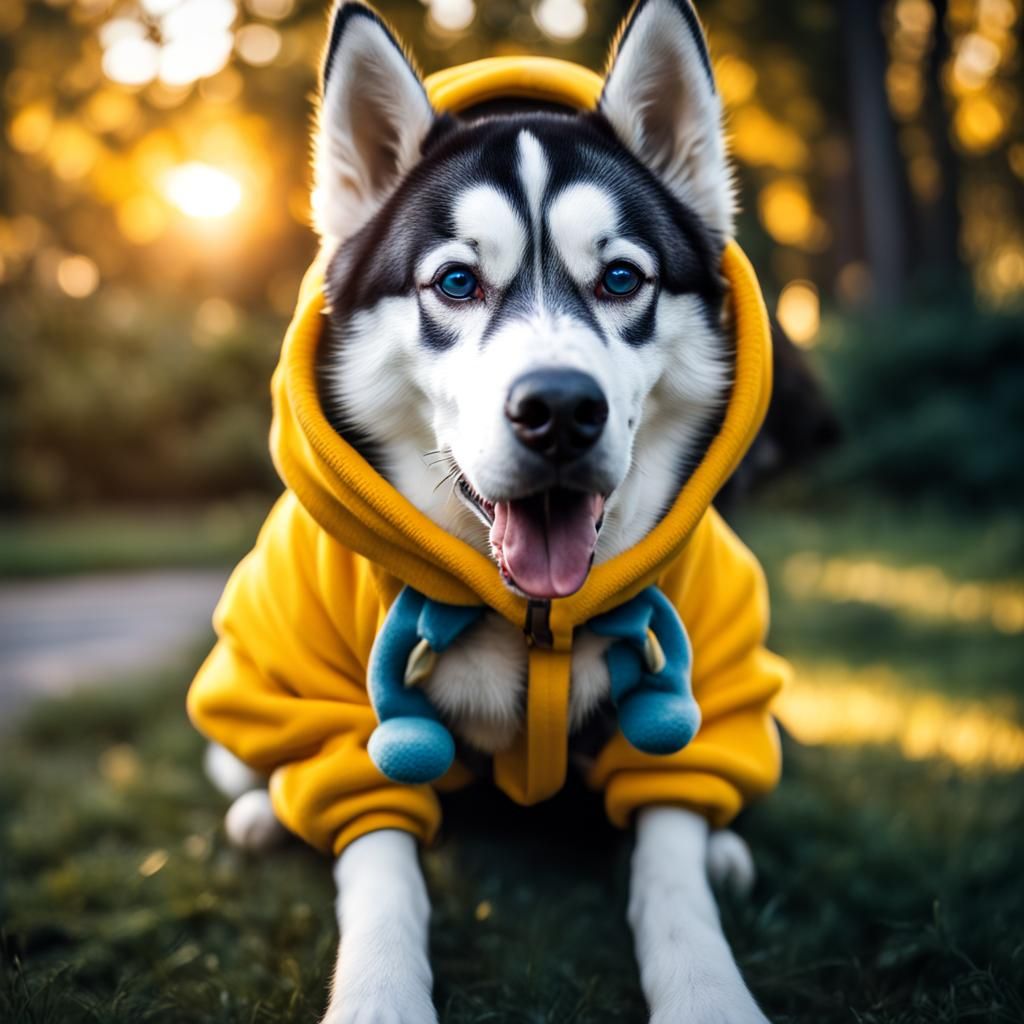 Husky Dog in Duck Onesie: Hyperrealistic Close-up