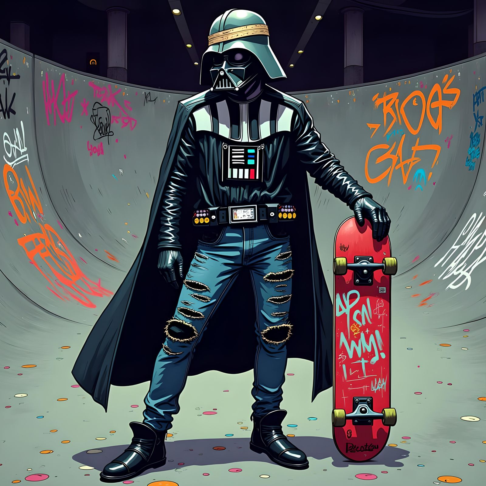 Cartoon Darth Vader as Punk Skateboarder