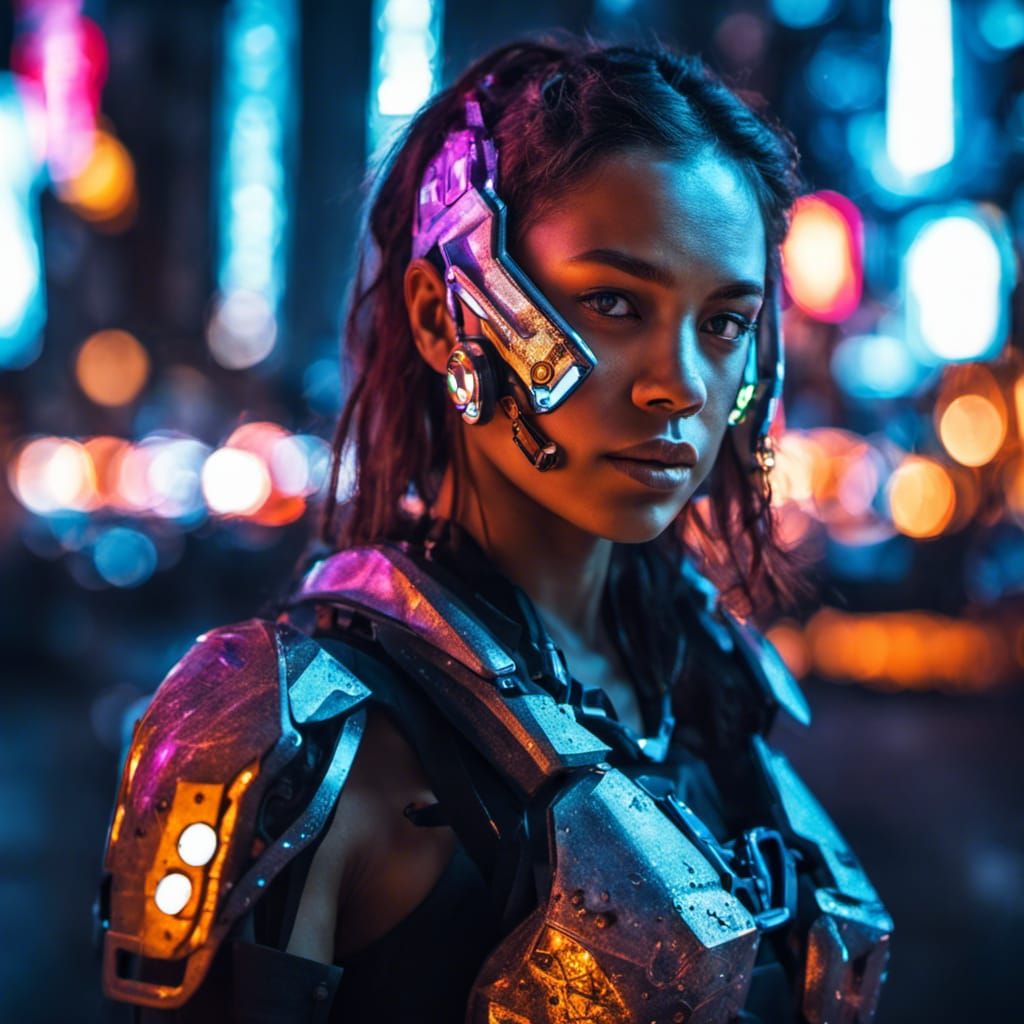 Cyborg Girl in Neon City: Hyperrealistic Portrait