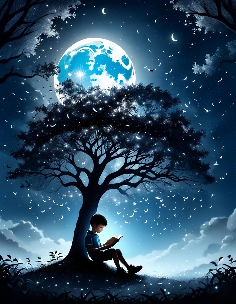 Dreamy Night Reader with Flying Letters