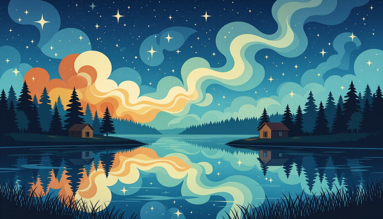 Marsh Lake at Night in Folk Art Style