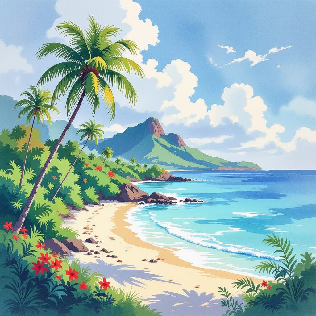 Tropical Island Shoreline in Watercolor Style