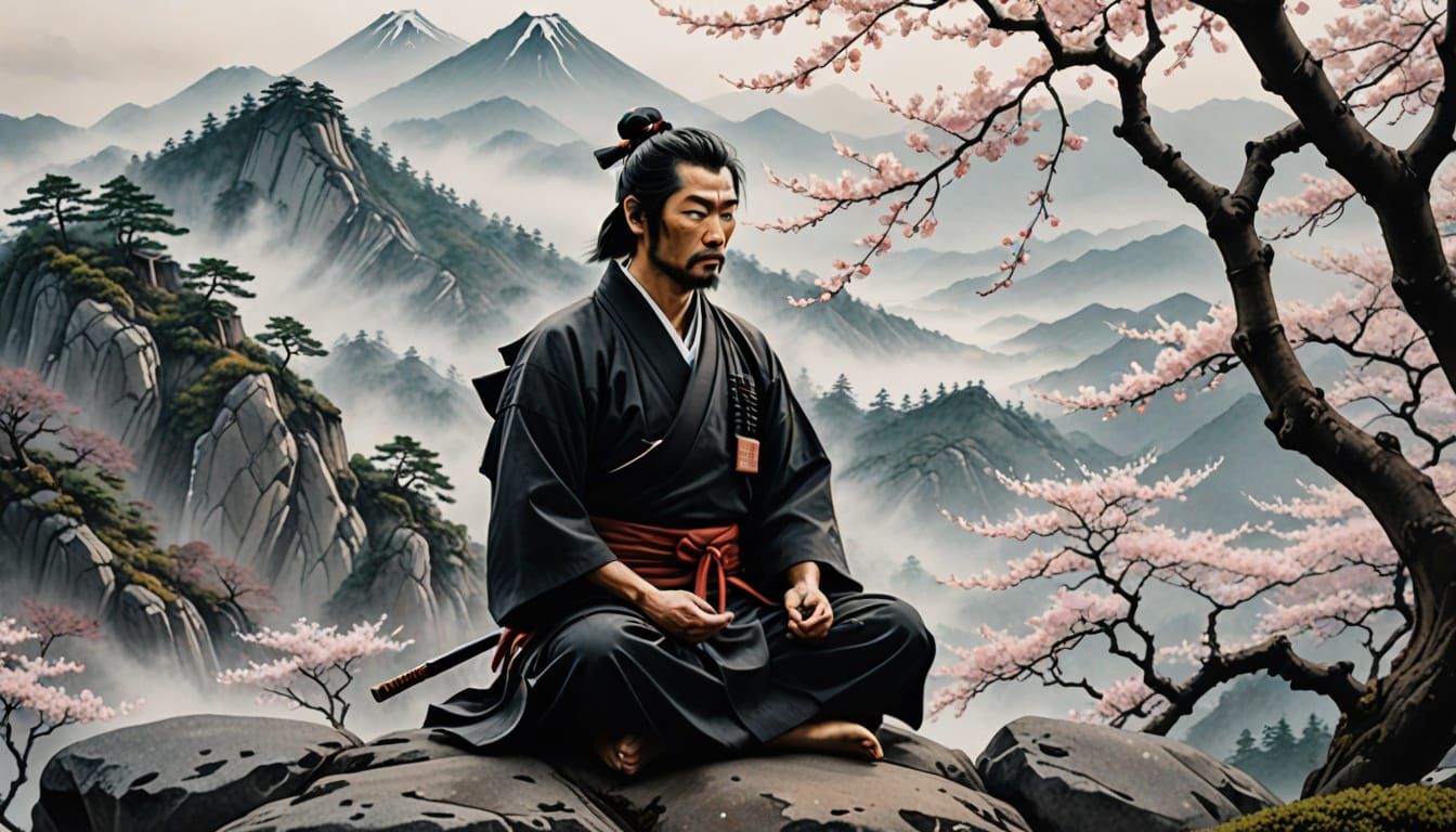 Samurai Meditating in Sumi-e Ink Wash Painting Style
