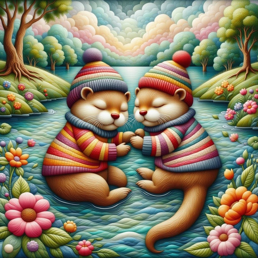 Sleeping Otters Holding Hands in Embroidered Quilt Art