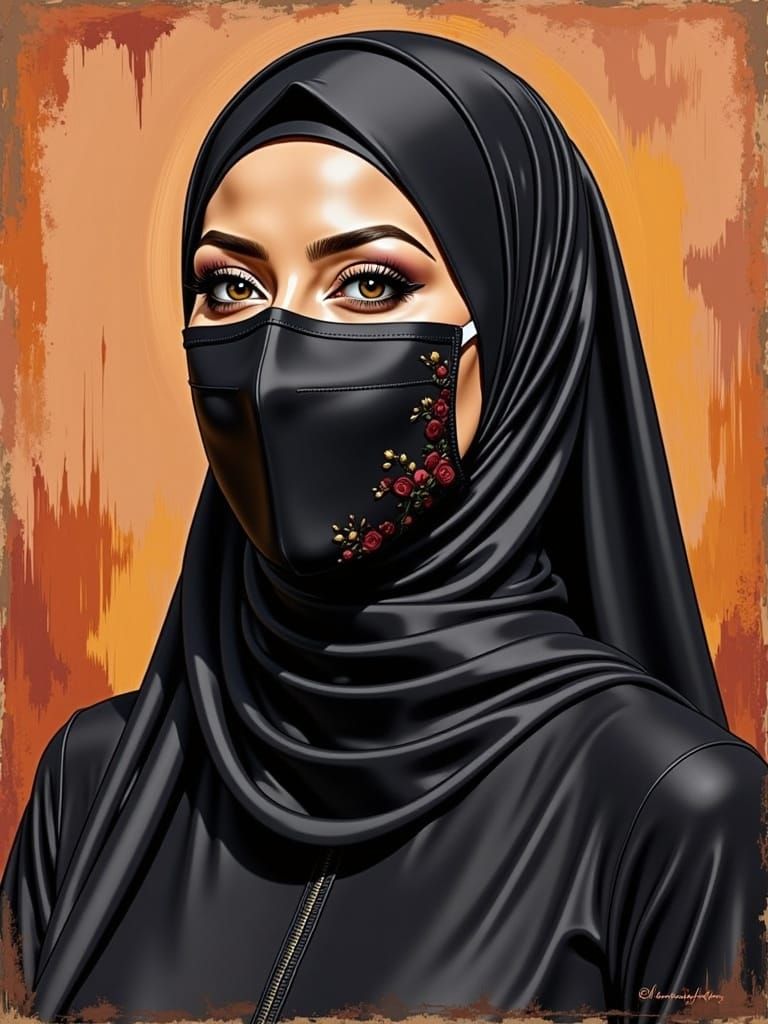 Beautiful Woman in Hijab: Oil-Guache Portrait