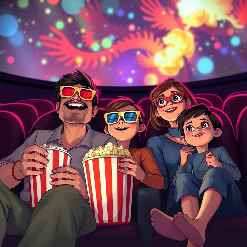 Family Enjoys 3D Movie Night in Whimsical Theatre