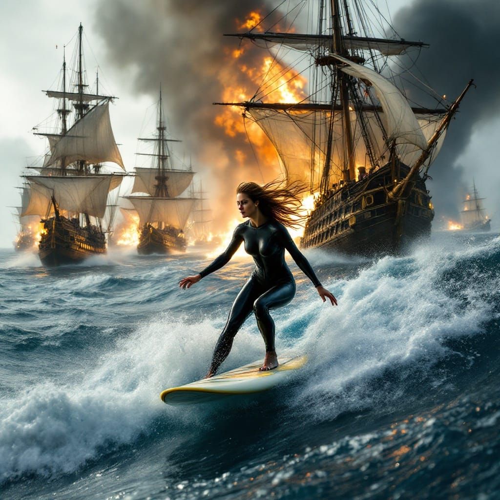 Fierce Naval Battle Meets Modern Surfer in a Cinematic Maste...