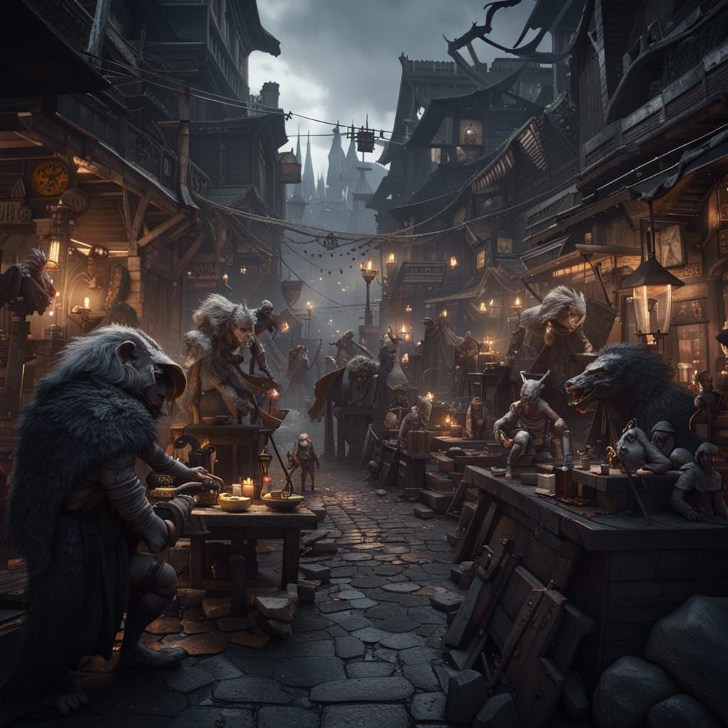 Dark Fantasy City with Animal Humanoids