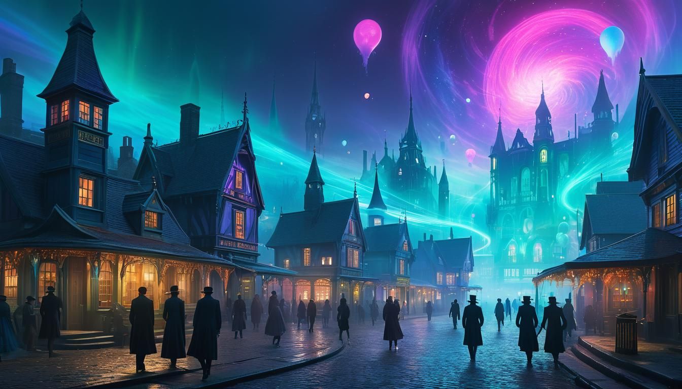 Quantum Surrealist Village with Spectral Beings